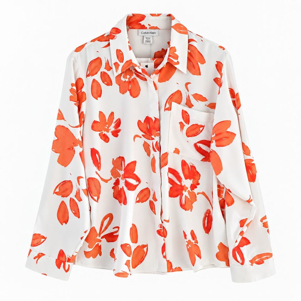 Calvin Klein Women's XL White Orange Floral Button Down Blouse Roll Tab NWT